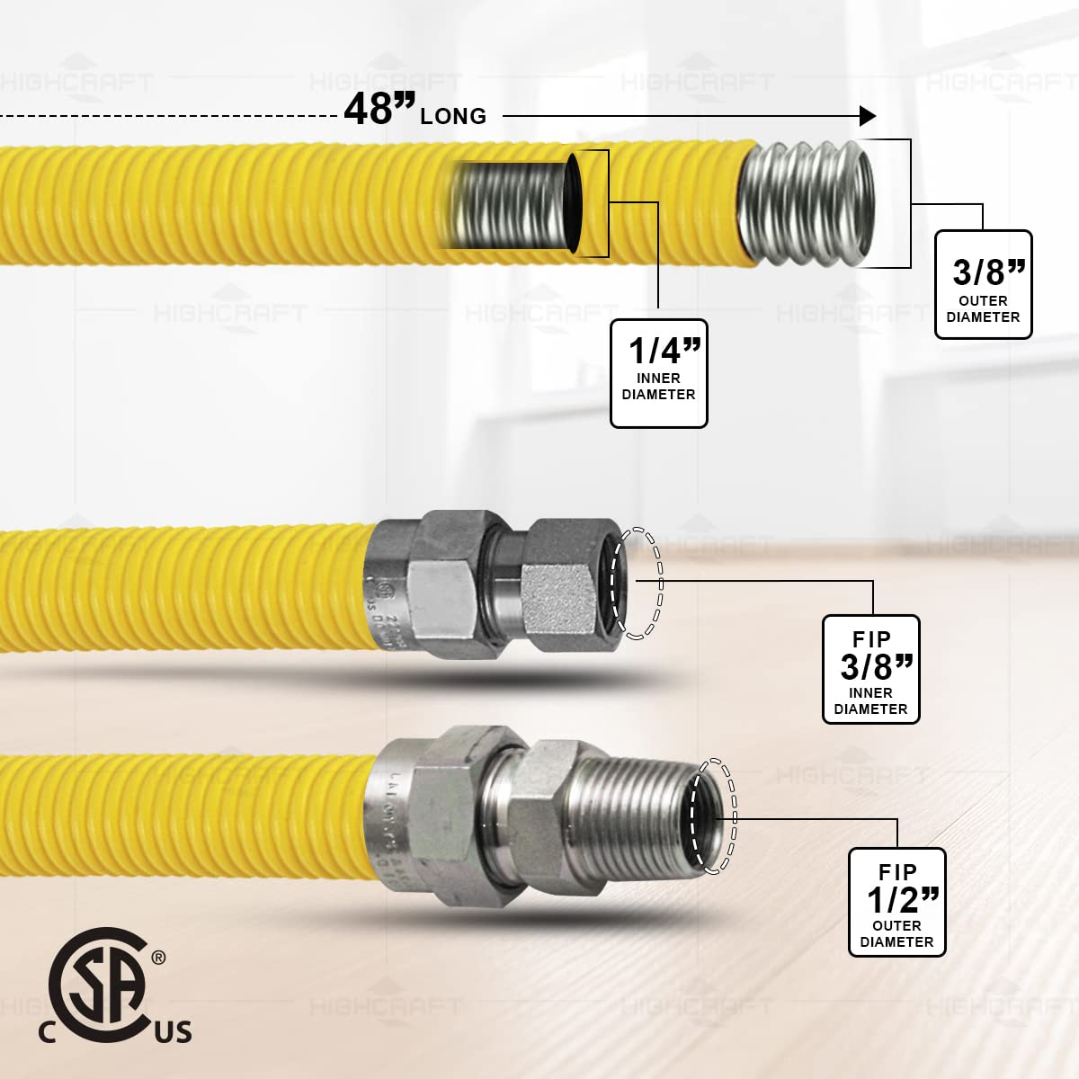 Yellow Coated Stainless Steel Flexible Gas Line Hose, 48 Inches