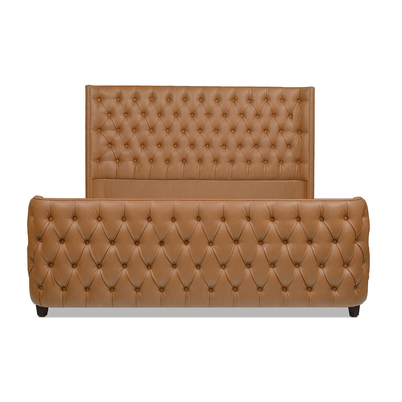 Grand Caramel Tan King Bed with Tufted Faux Leather Headboard