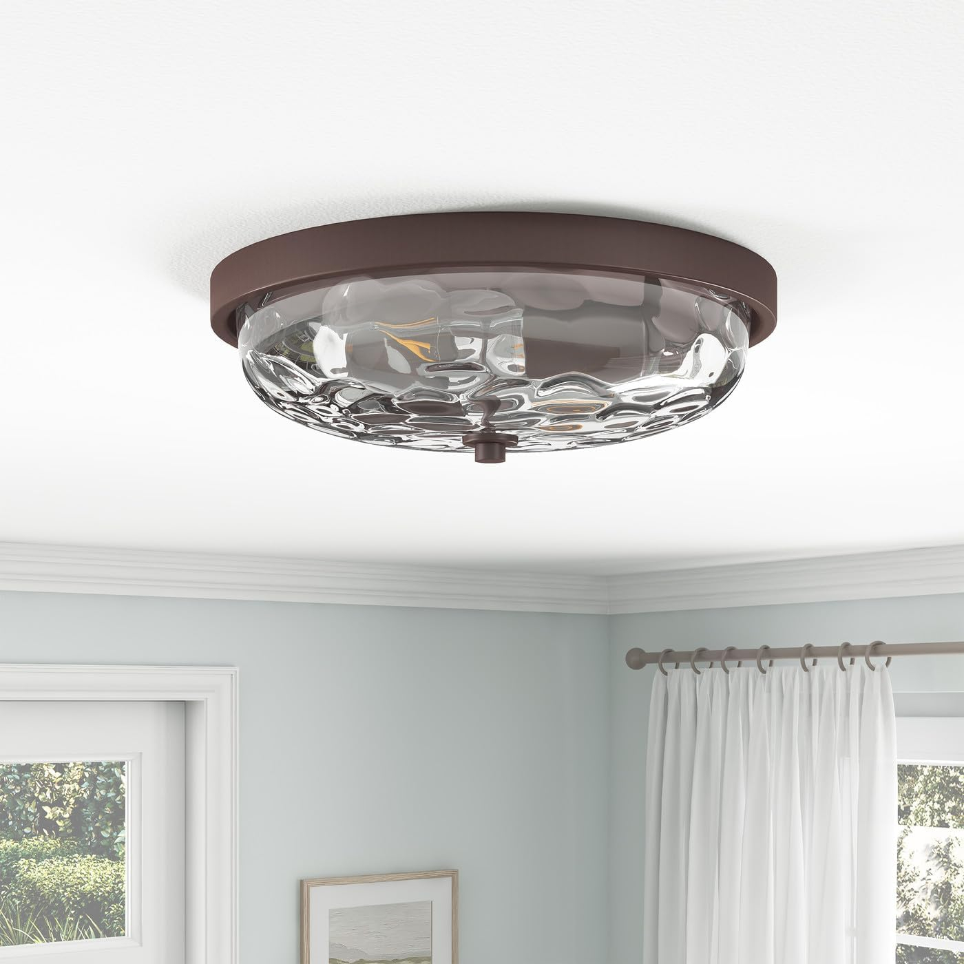 Aiwen Modern 12.99 in 2 Light Close to Ceiling Lights Farmhouse Oil Rubbed Bronze Flush Mount Ceiling Light Fixture with Water Ripple Glass Shade for Bedroom Hallway E26