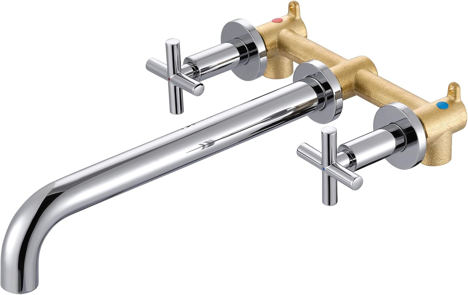 Wall Mount Tub Filler ARCORA Chrome Bathtub Faucet Long Spout Reach, 2 Cross Handles Wall Mounted Tub Faucet with Brass Rough in Valve Included