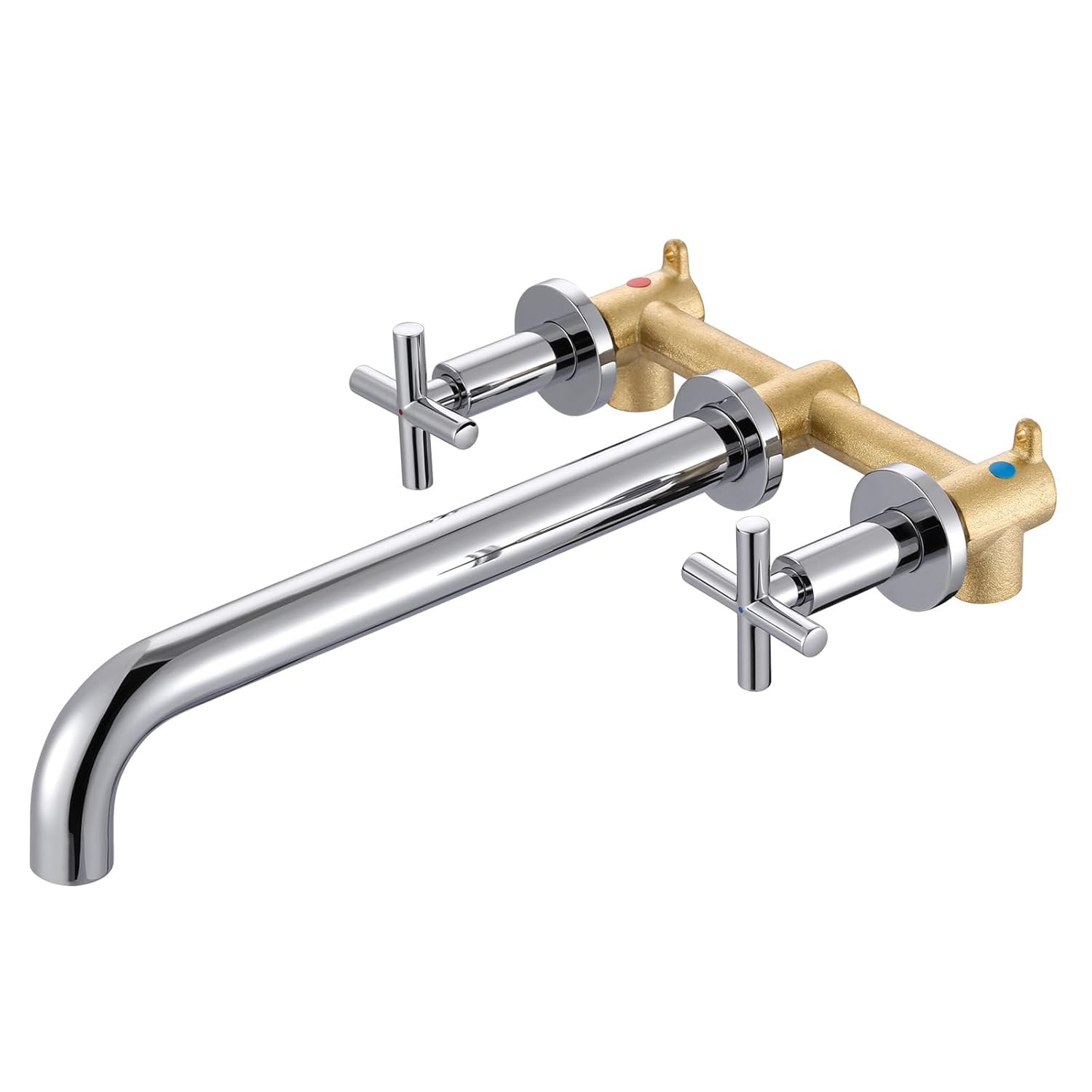 Wall Mount Tub Filler ARCORA Chrome Bathtub Faucet Long Spout Reach, 2 Cross Handles Wall Mounted Tub Faucet with Brass Rough in Valve Included
