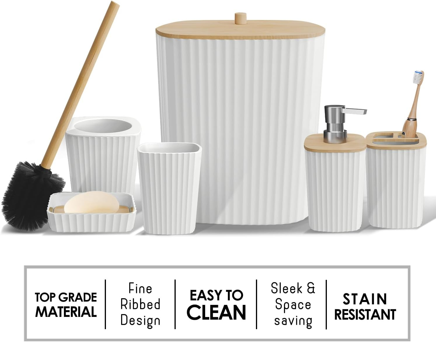Clara Clark Bathroom Set - White Bathroom Accessories Set, 6PC Bathroom Accessory Set, Bathroom Sets with Adhesive Corner Shower Caddy Hanging, Toilet Brush, Trash Can & Soap Dispenser