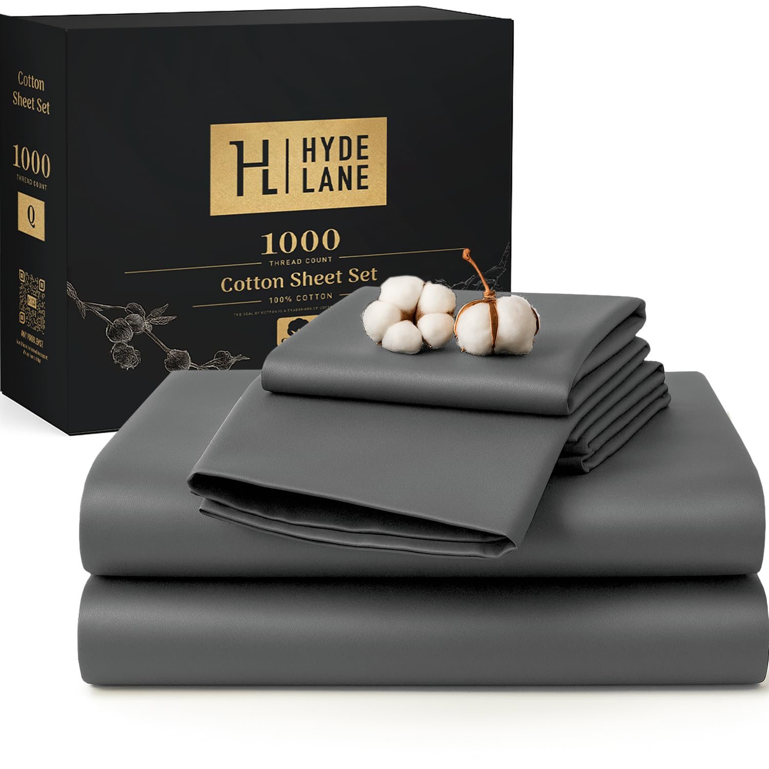 Hyde Lane Luxury 1000 Thread Count 100% Cotton Sheets | Very Soft & Thick - Fits Upto 20" Mattress | Sateen Weave Bed Sheets 18" Deep Pocket- 4 PC Sheet Set (Grey, California King)