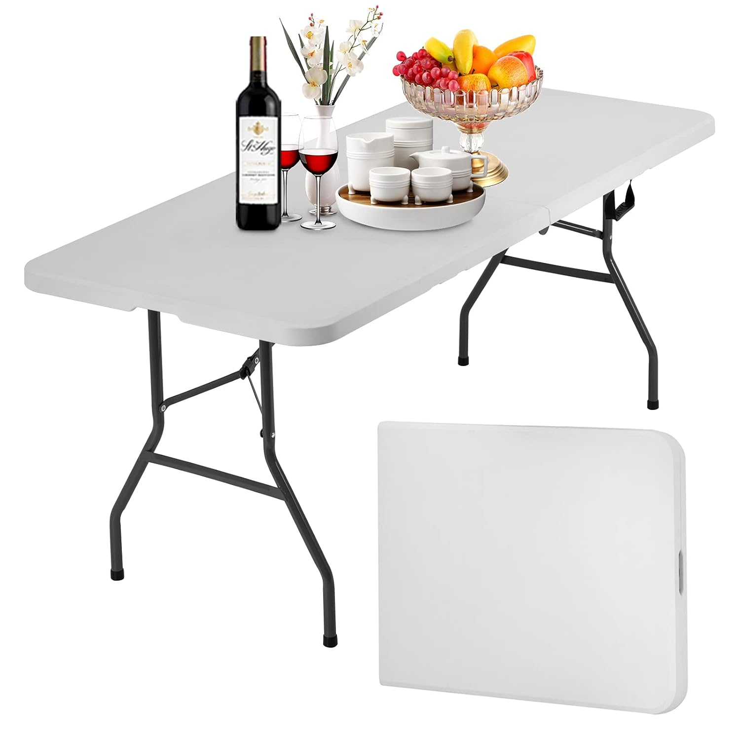 Folding Table 6 Foot Indoor Outdoor Heavy Duty Plastic Portable Fold Up Table Utility Camping Dining Party Table, Easy to Assemble, White