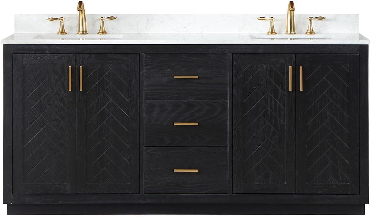 Gazsi 72" Double Bathroom Vanity Set in Black Oak with Grain White Composite Stone Countertop Without Mirror