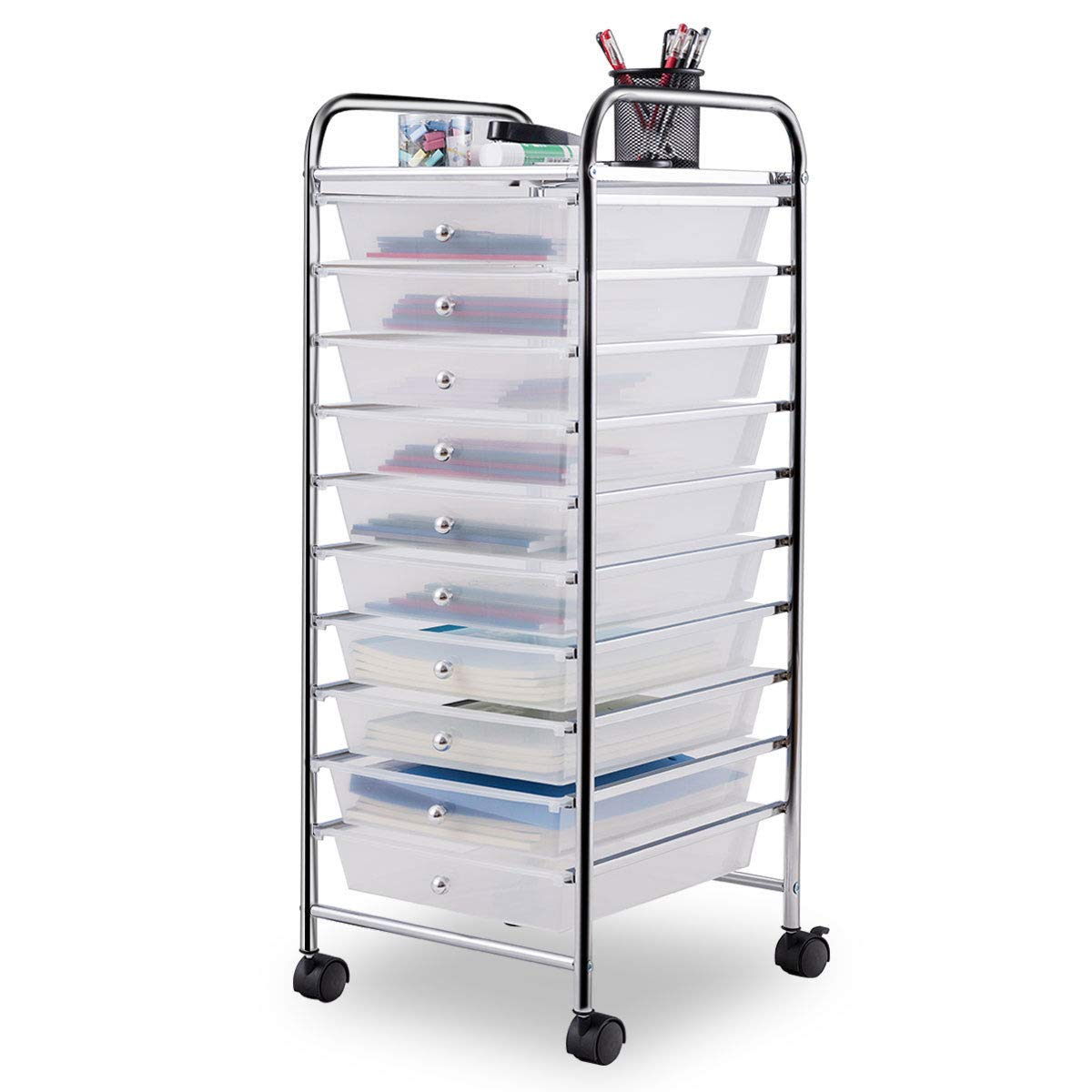 10-Drawer Rolling Storage Cart, Multipurpose Utility Cart Mobile Craft Cart w/Drawers & Wheels, Home Office School Tools Scrapbook Paper Organizer (Clear)
