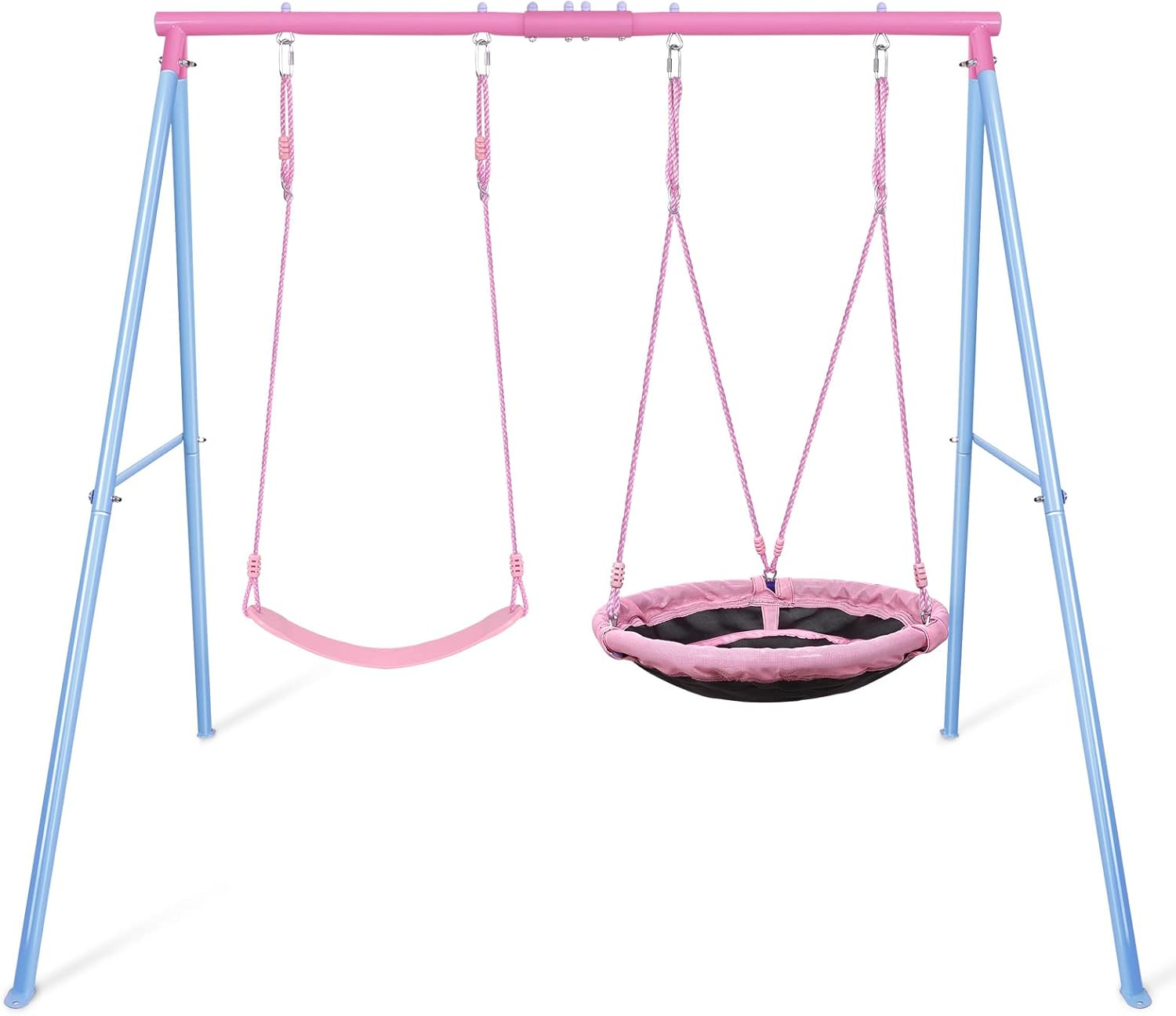 Outdoor Swings for Kids, 440lbs, Heavy-Duty A-Frame Metal Outdoor Swing Stand, 1 Saucer & 1 Belt Swing Seat for Playground, Backyard Blue