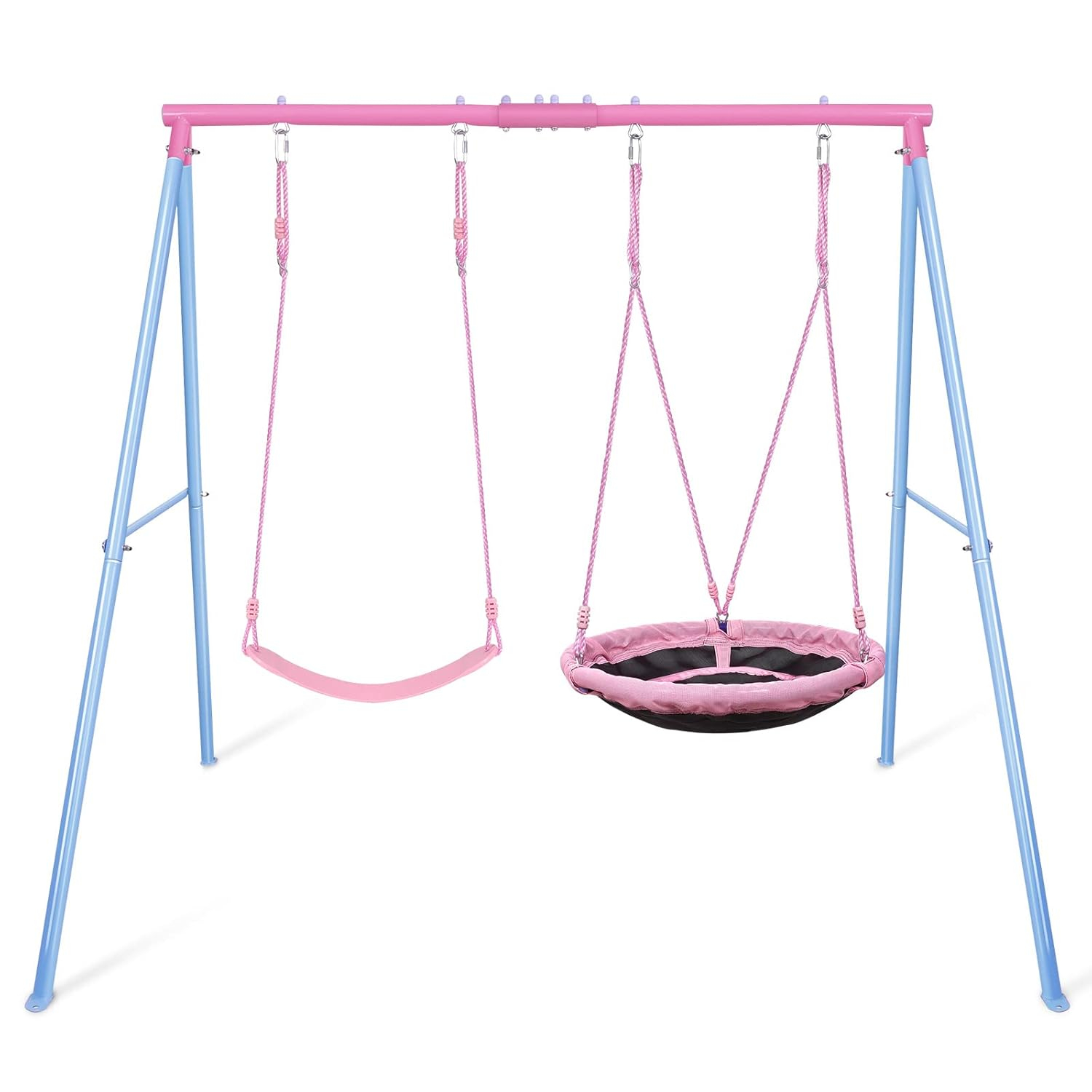 Outdoor Swings for Kids, 440lbs, Heavy-Duty A-Frame Metal Outdoor Swing Stand, 1 Saucer & 1 Belt Swing Seat for Playground, Backyard Blue