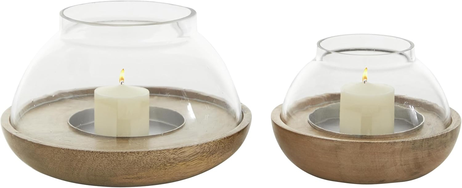 DecMode 2-Slot Brown Wood Tealight Hurricane Lamp, Set of 2