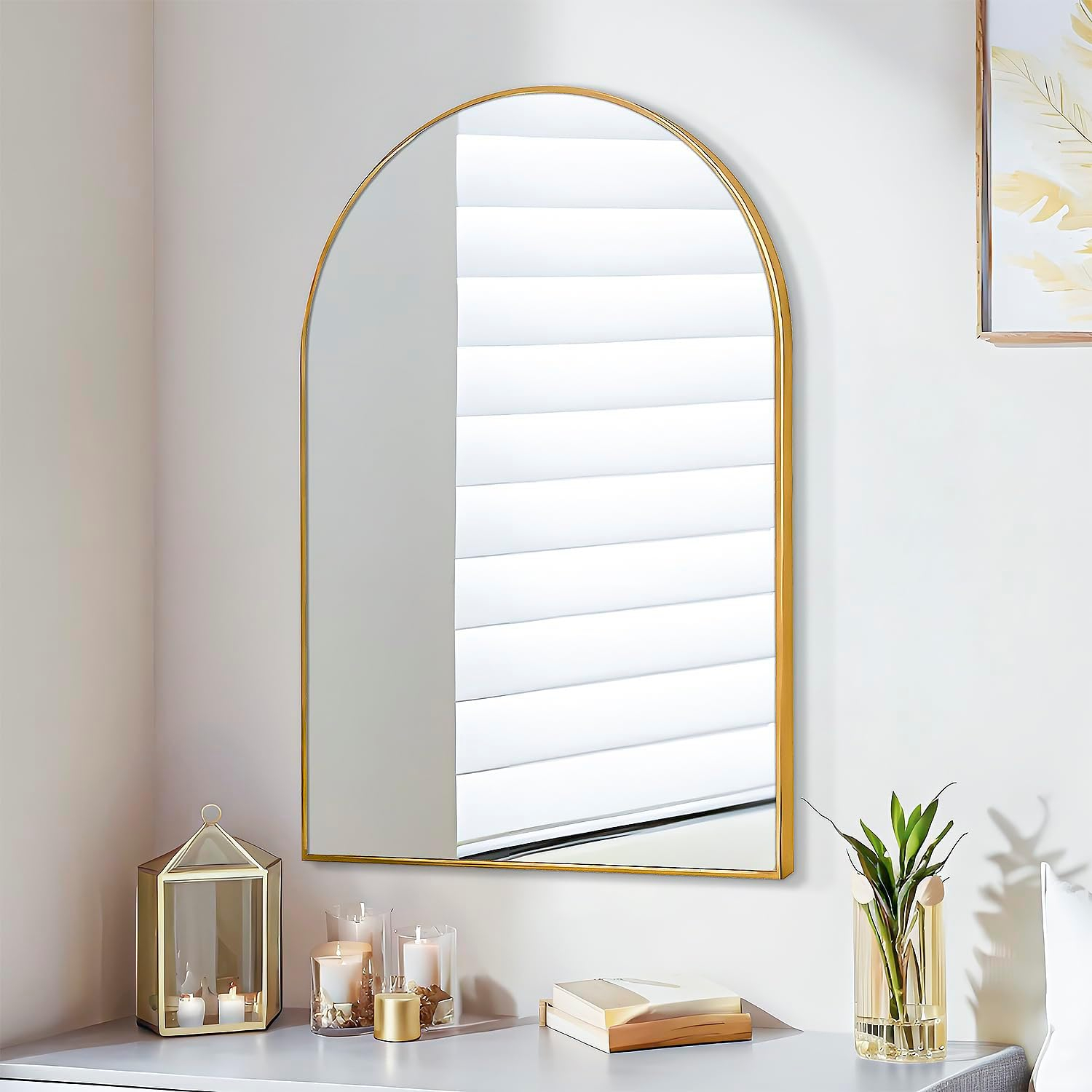 Luxhomez 36" x 24" Arch Wall Mirror for Vanity/ Bathroom, Metal Bathroom Mirror with Waterproof Aluminum Alloy Frame, Gold