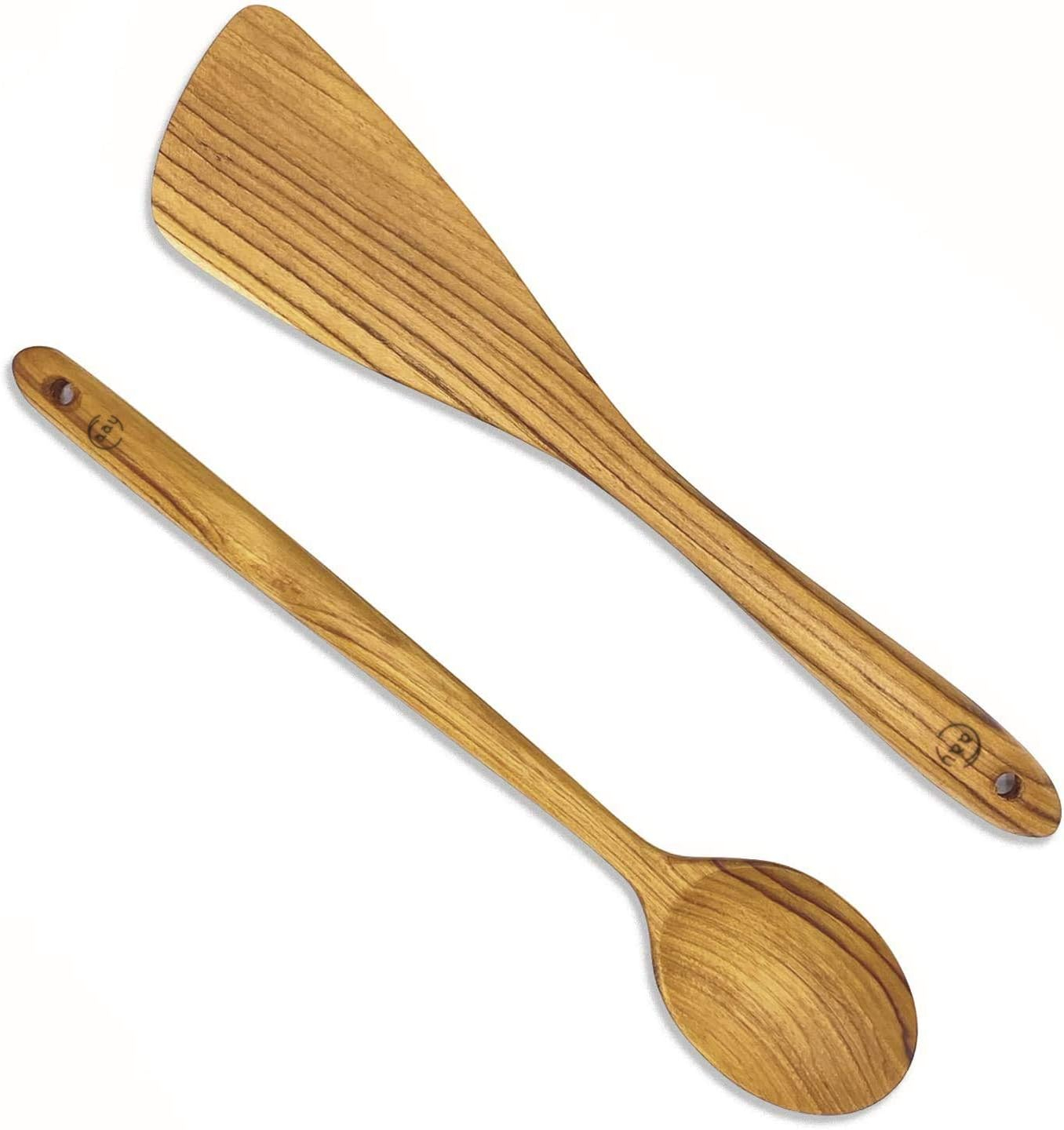 FAAY 12.5 Inch Wood Utensil Set (2 PCS), Teak Wooden Right Hand Spatula & Flat Spoon, 100% Natural from High Moist Resistance Teak Wood, Healthy Wooden Spoon Spatula for Non Stick Cookware