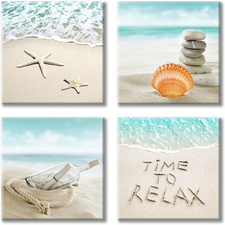 Coastal Beach Canvas Wall Art Set with Seashells and Starfish