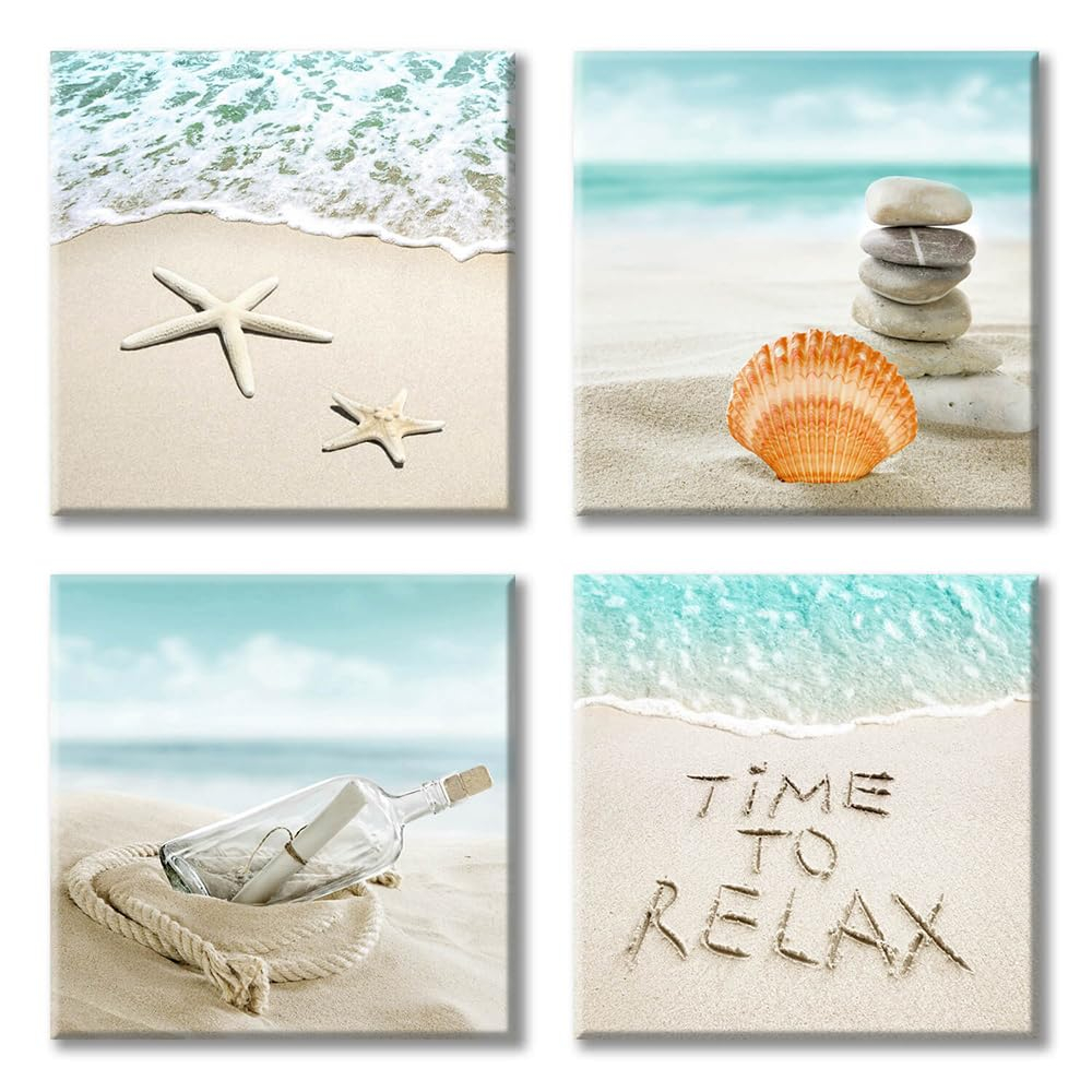 Coastal Beach Canvas Wall Art Set with Seashells and Starfish