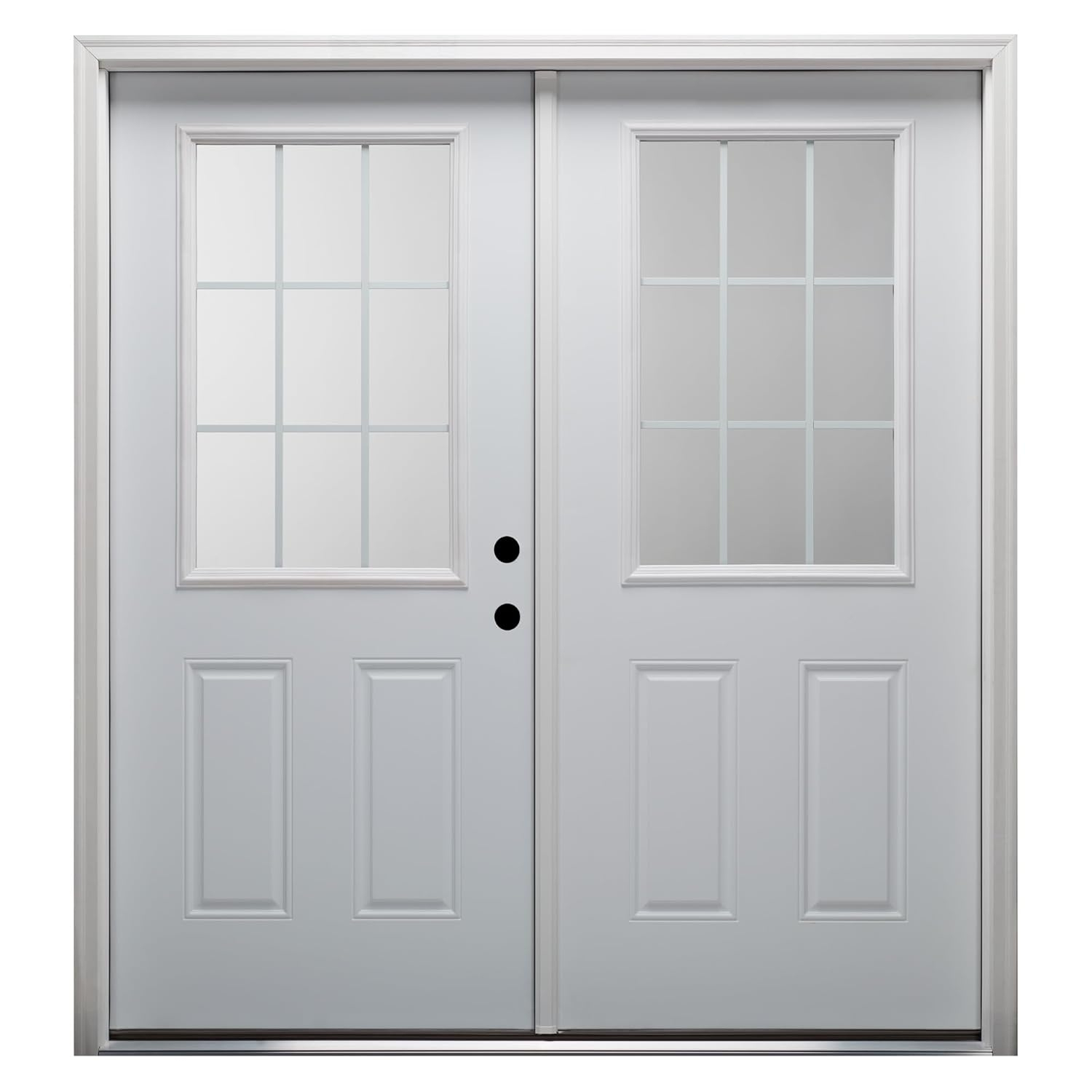 60 in. x 80 in. White Internal Grilles Right-Hand Inswing 1/2-Lite Clear Glass 2-Panel Primed Steel Prehung Front Door