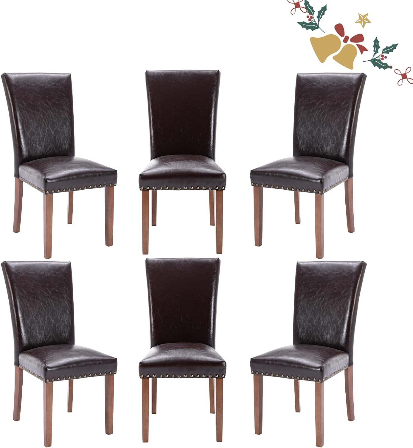 COLAMY Upholstered Parsons Dining Chairs Set of 2, PU Leather Dining Room Kitchen Side Chair with Nailhead Trim and Wood Legs - Dark Brown