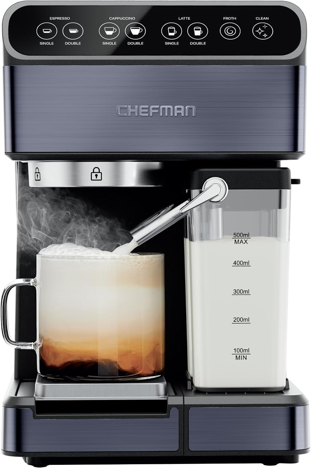 Chefman Barista Pro Plus Espresso Machine w/ Milk Frother, 20 Bar Pump, Black Stainless Steel