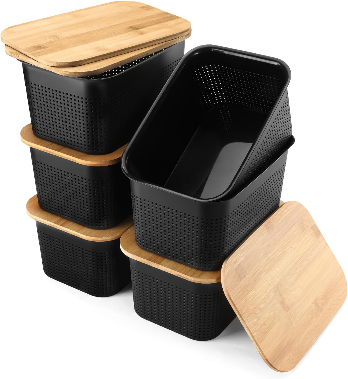 Black Plastic Storage Bins with Bamboo Lids
