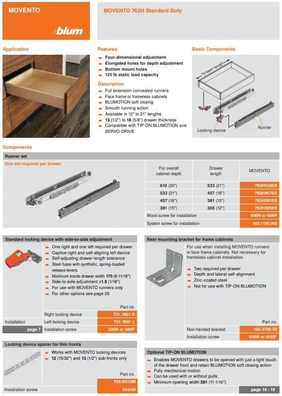 Blum 21" MOVENTO 763H Full Extension Blumotion Soft-Close Undermount Slides 763H5330S, With Locking Devices, Back Brackets, and Screws