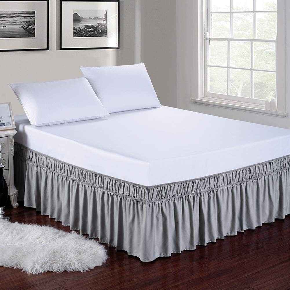 MEILA Wrap Around Bed Skirt Three Fabric Sides Elastic Dust Ruffled 16 Inch Tailored Drop,Easy to Install Fade Resistant-Grey, Queen/King