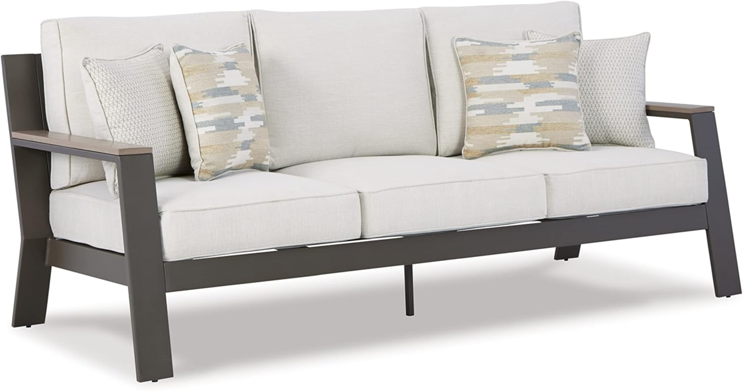 Beige and White Transitional Stationary Outdoor Sofa with Cushions