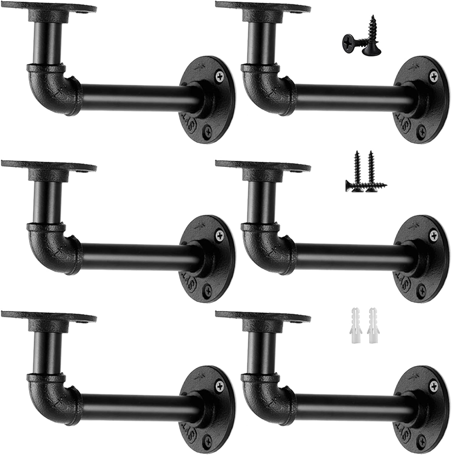 Industrial Pipe Shelf Brackets for 8 10 12 14 inches Board, Iron L Pipe Floating Shelves, Heavy Duty Metal Shelving Brackets - 6 Pack Black