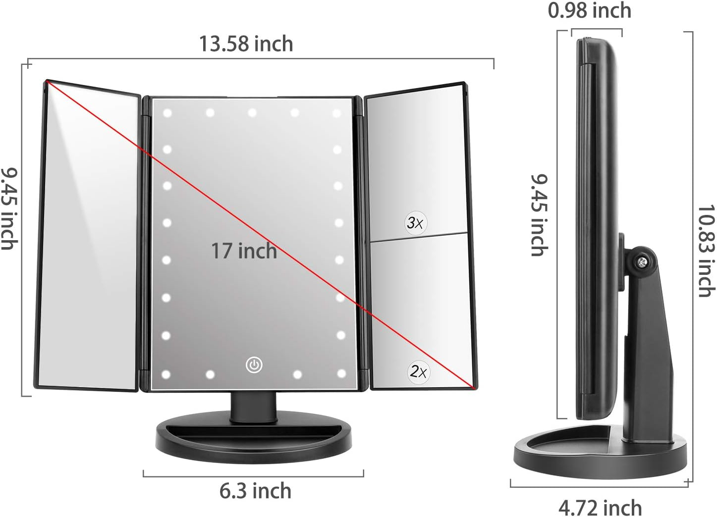 Black ABS Trifold Lighted Vanity Mirror with Magnification
