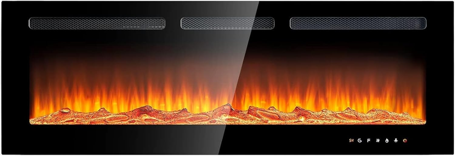 oneinmil Electric Fireplace, 50 inch Wide Recessed/Wall Mounted Electric Fireplace, Remote Control with Timer 12 Adjustable Color Flame, Remote Control,with Crystal Stone, 750/1500W