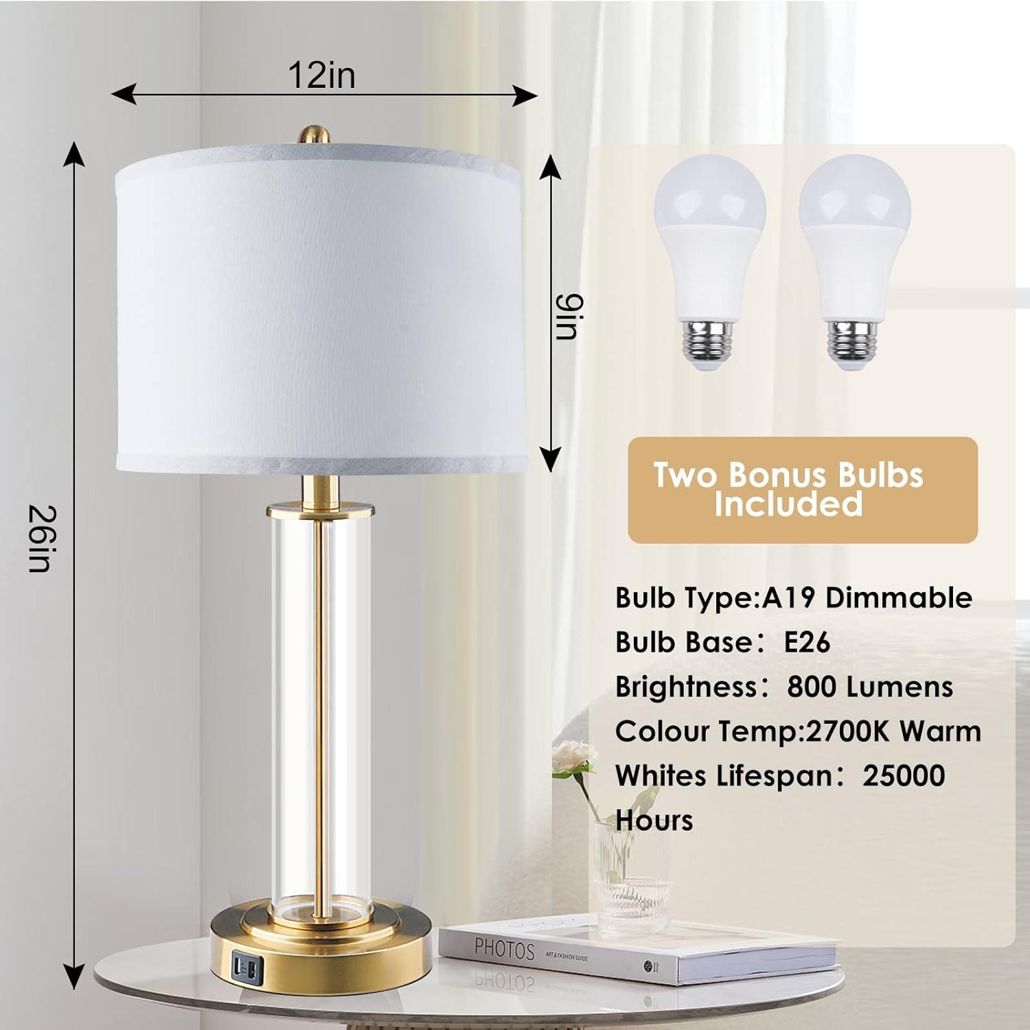 Table Lamps for Living Room,Touch Control Gold Lamps for Bedrooms Set of 2,Modern Bedside Table Lamp with Dual USB Ports,Tall Nightstand lamp with Whites Lampshades (2 Bulbs Included)