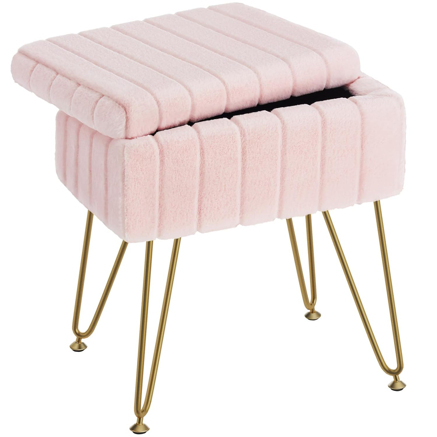 Greenstell Vanity Stool Chair Faux Fur with Storage, 15.7"L x 11.8"W x 19.4"H Soft Ottoman 4 Metal Legs with Anti-Slip Feet, Furry Padded Seat, Modern Multifunctional Chairs for Makeup, Bedroom Pink