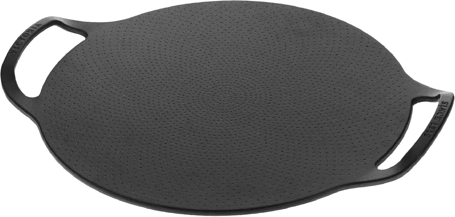 Victoria 15-Inch Black Cast Iron Pizza Pan with Handles
