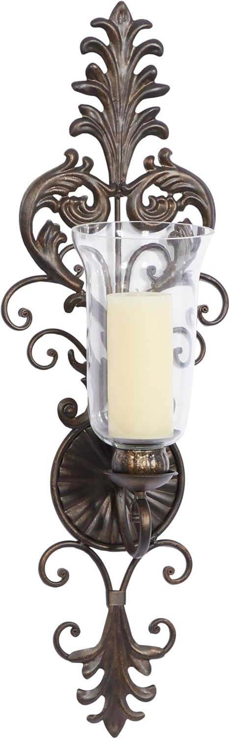 DecMode Bronze Glass Wall Sconce with Scroll Designs