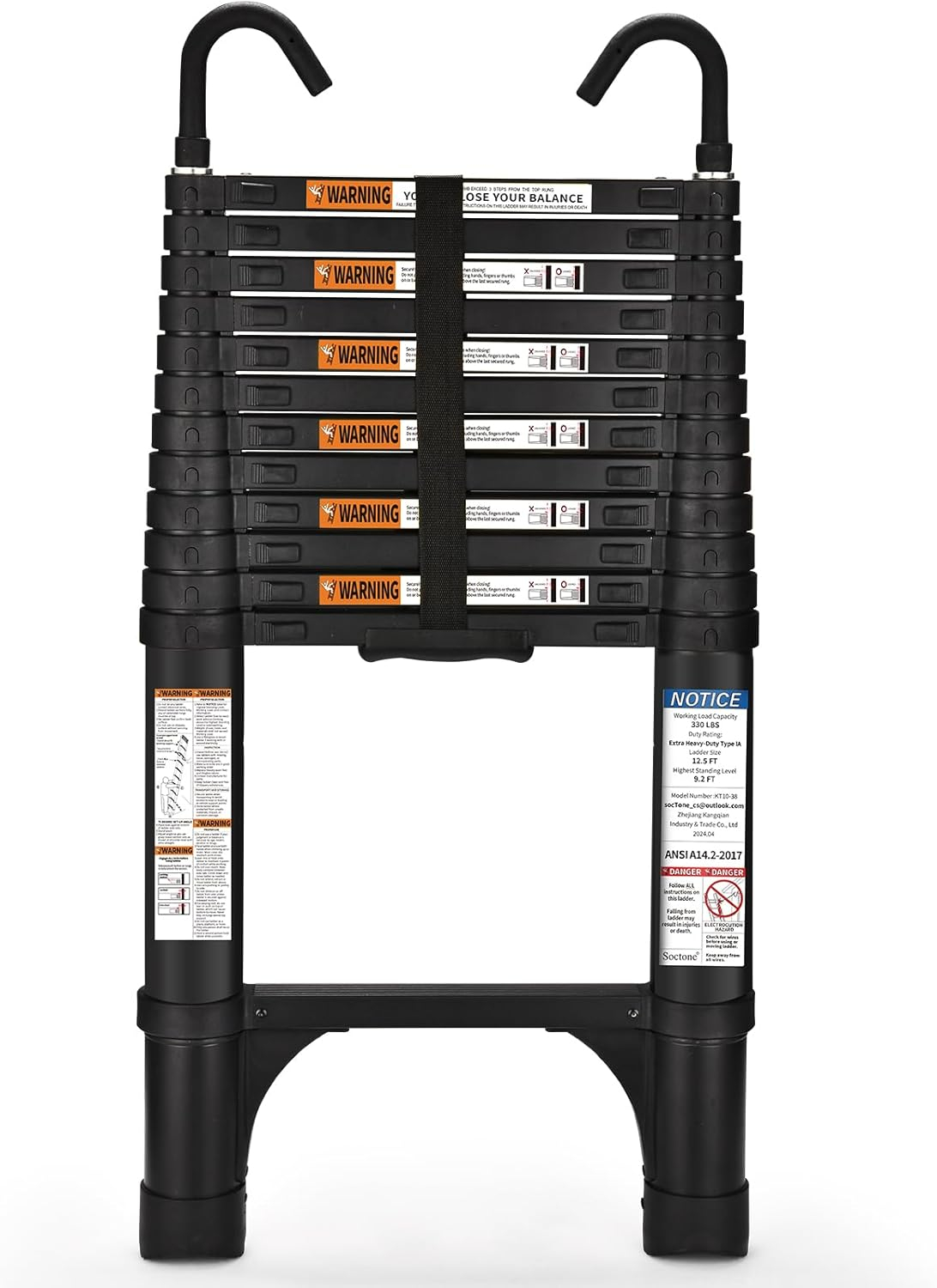 Heavy Duty Black Aluminum Telescopic Extension Ladder with Stabilizers
