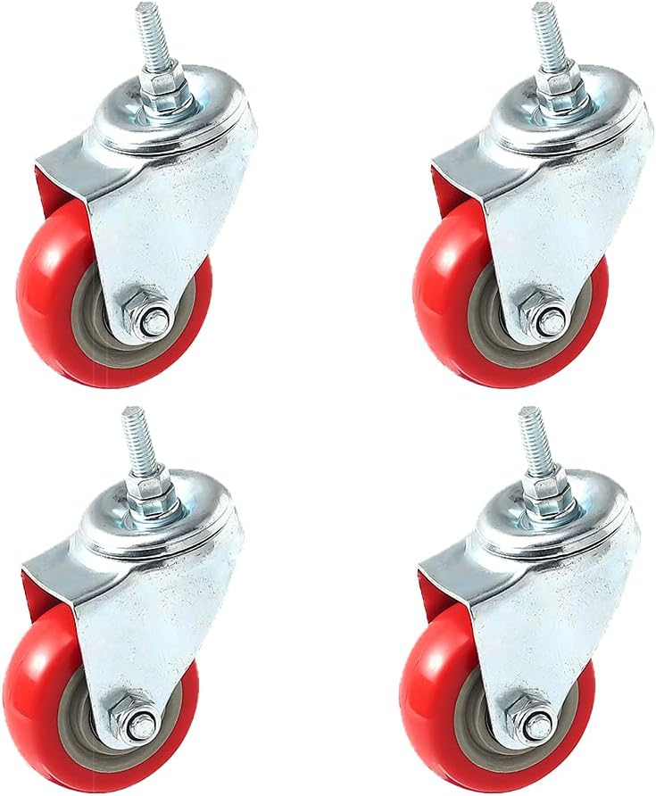 4 Pack Caster Wheels Swivel Plate Stem Casters On Red Polyurethane Wheels (3 inch Stem)
