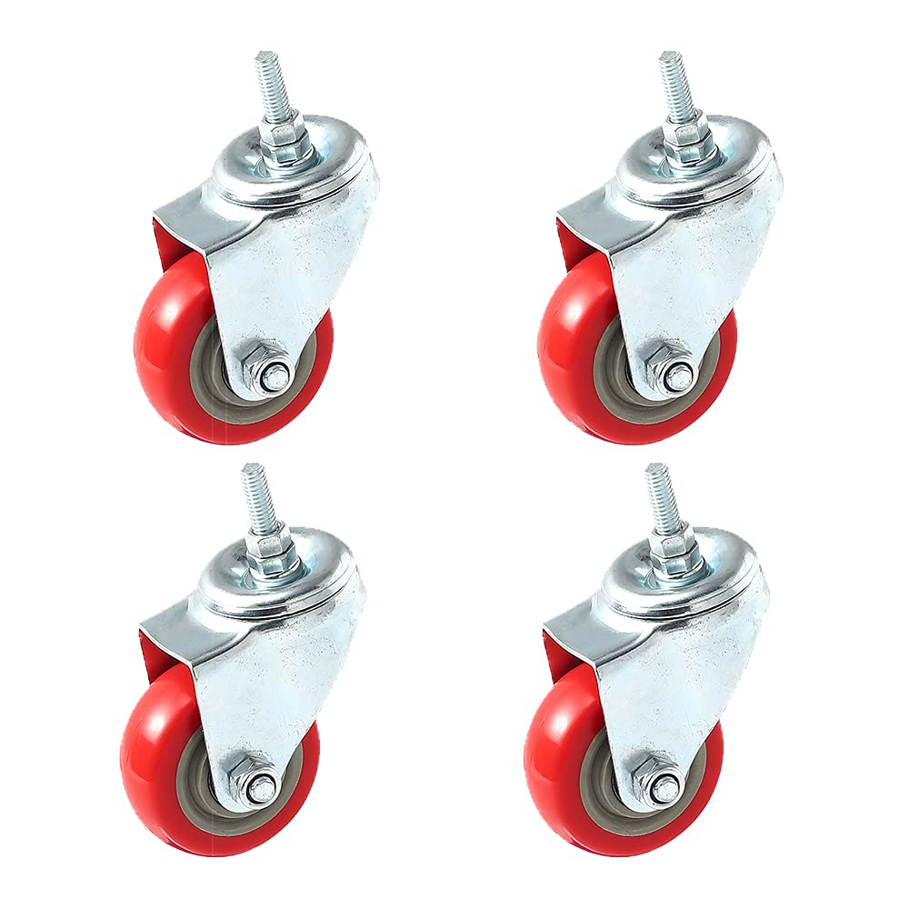 4 Pack Caster Wheels Swivel Plate Stem Casters On Red Polyurethane Wheels (3 inch Stem)