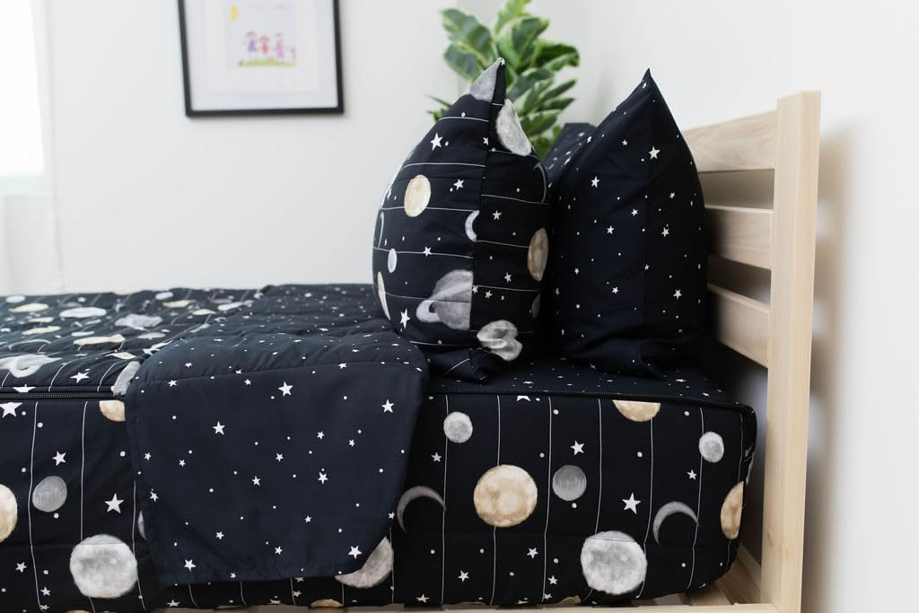 Beddy's Space Theme Durable Zipper Bedding for Kids, Bed in a Bag, Black Sheets and Universe Galaxy Comforter with Stars & Solar System, Includes Pillowcase and Sham, Easy to Make and Wash