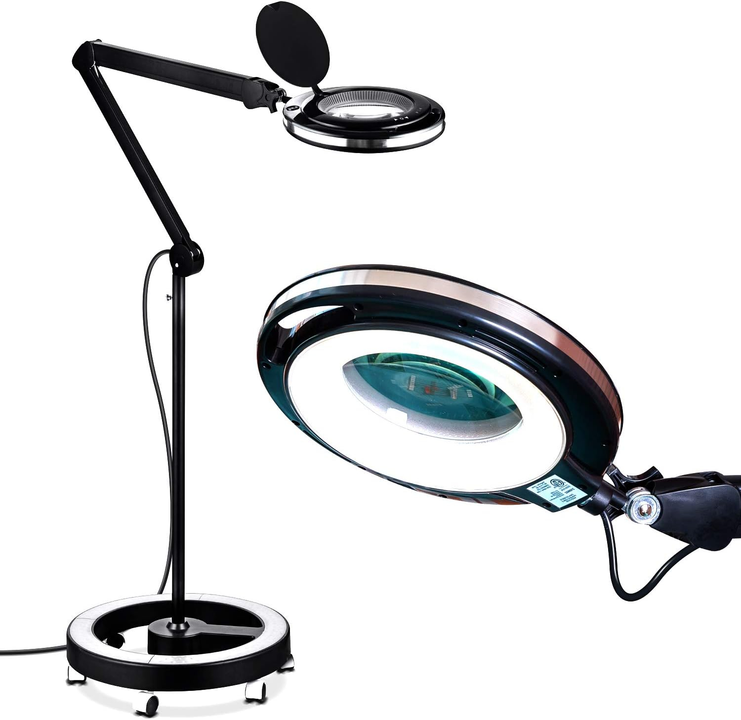 Brightech Lightview Pro 55 in. Black Industrial 1-Light 3-Way Dimming and Color Adjustable 1.75X Magnifying LED Rolling Floor Lamp