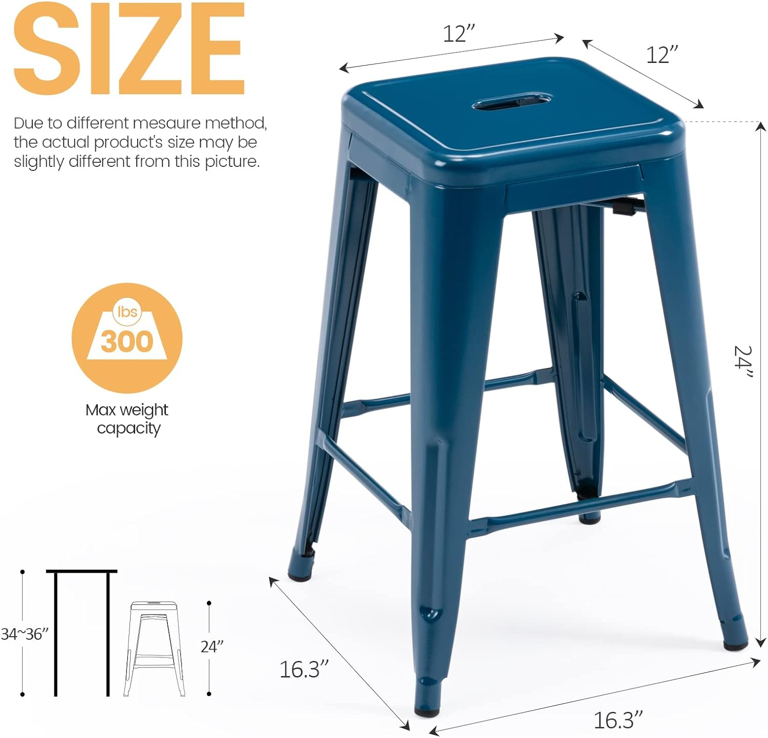 Vogue Furniture Direct 24 Inch Metal Bar Stools, Backless Counter Height Barstools, Indoor Outdoor Stackable Stools with Square Seat, Set of 2 (Deep Blue)