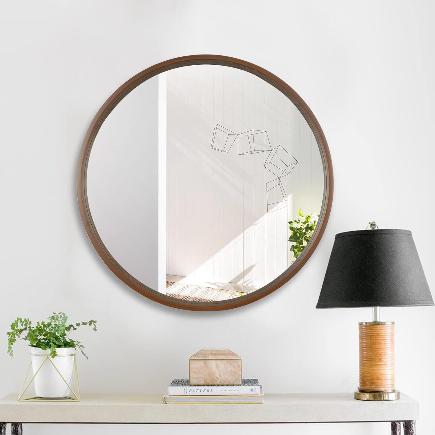Walnut Round Pine Wood Mirror, 32" Diameter