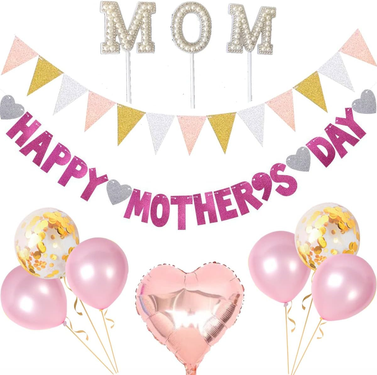 Pink Happy Mothers Day Banner Party Decorations supply set, MOM Cake Topper, 15 pcs Glitter Gold Pink and WhiteTriangle Bunting, 2 pcs Heart Shape Foil Balloon, 15 Pink and Gold Confetti Balloon
