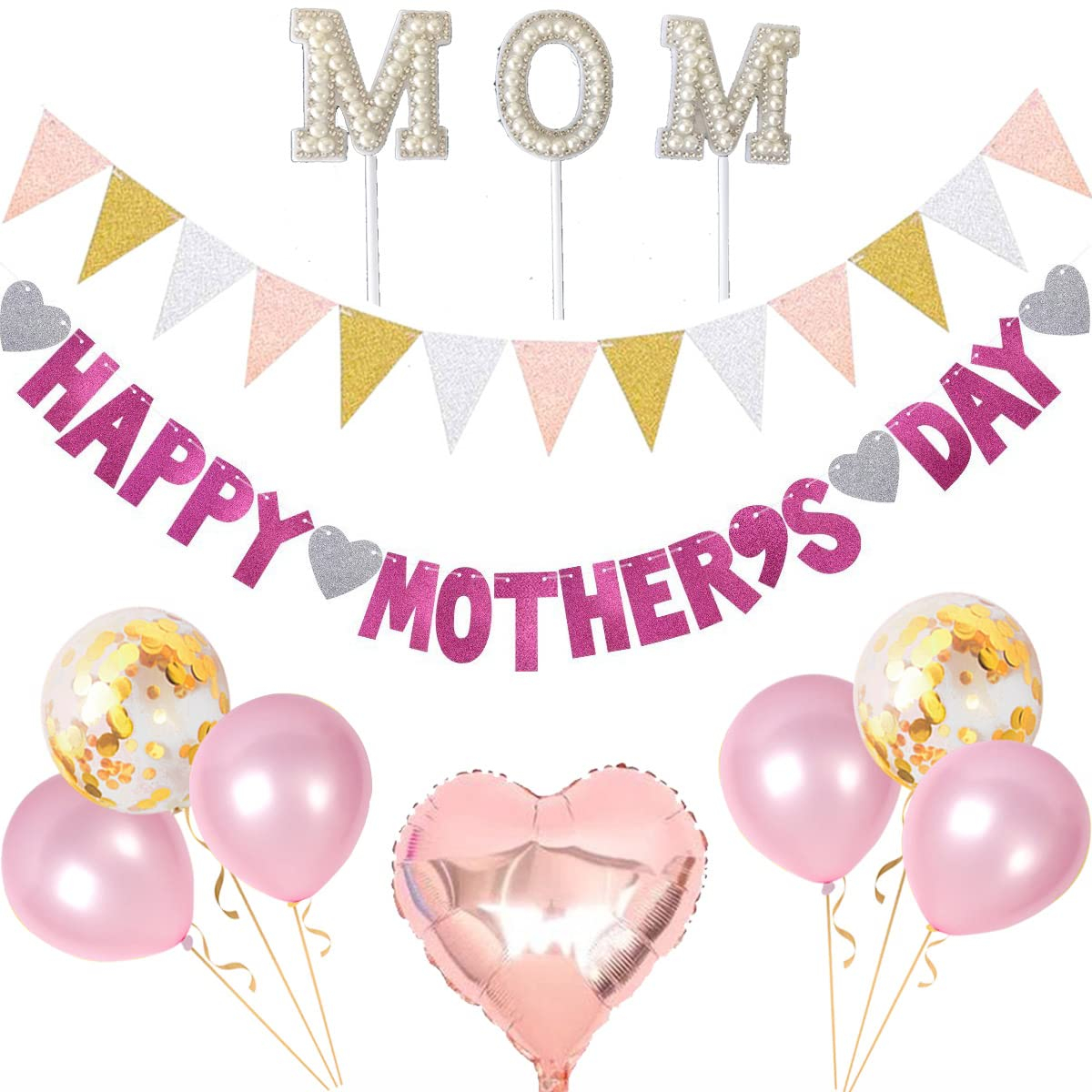 Pink Happy Mothers Day Banner Party Decorations supply set, MOM Cake Topper, 15 pcs Glitter Gold Pink and WhiteTriangle Bunting, 2 pcs Heart Shape Foil Balloon, 15 Pink and Gold Confetti Balloon
