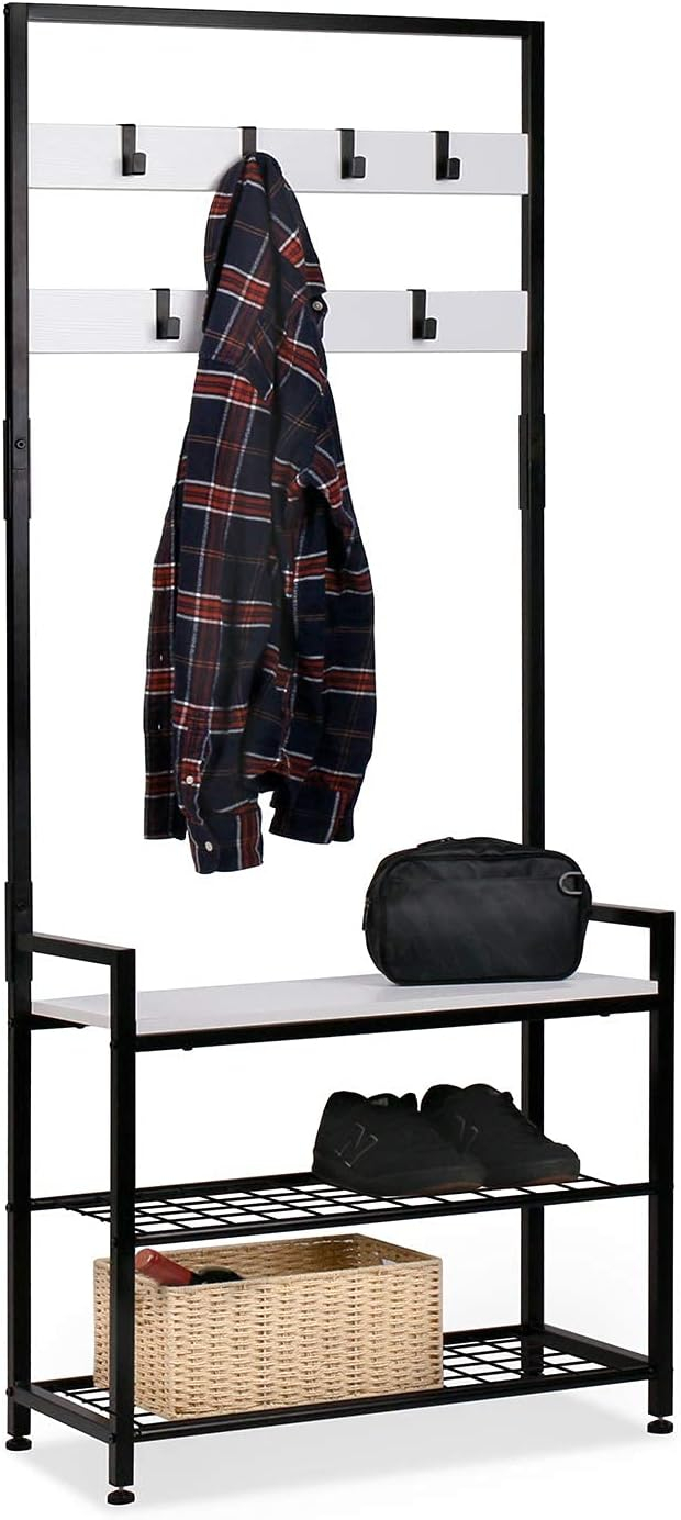 HOMEKOKO Coat Rack Shoe Bench, Hall Tree Entryway Storage Bench, Wood Look Accent Furniture with Metal Frame, 3-in-1 Design