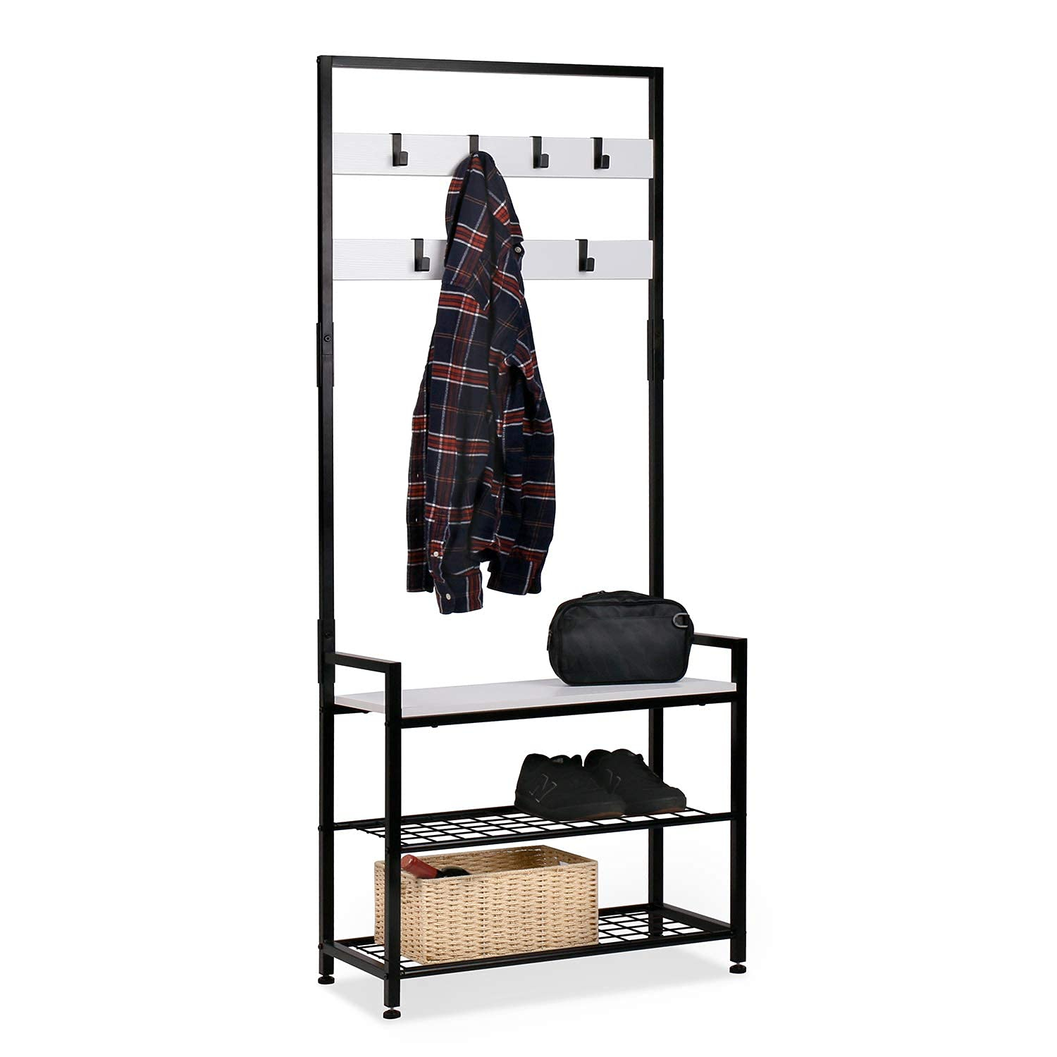 HOMEKOKO Coat Rack Shoe Bench, Hall Tree Entryway Storage Bench, Wood Look Accent Furniture with Metal Frame, 3-in-1 Design