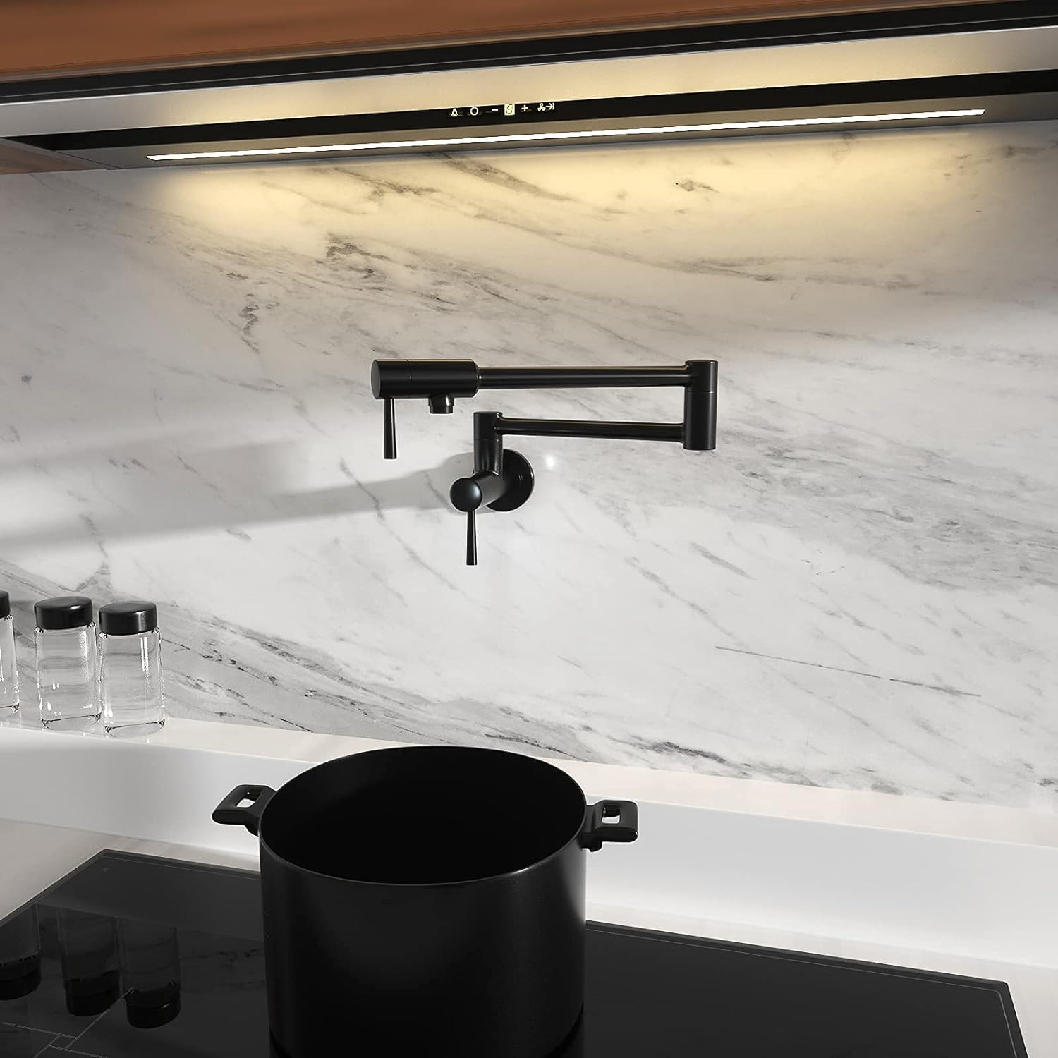 IMLEZON Pot Filler Faucet Stainless Steel Commercial Wall Mount Kitchen Sink Faucet Folding Stretchable with Single Hole Two Handles Black