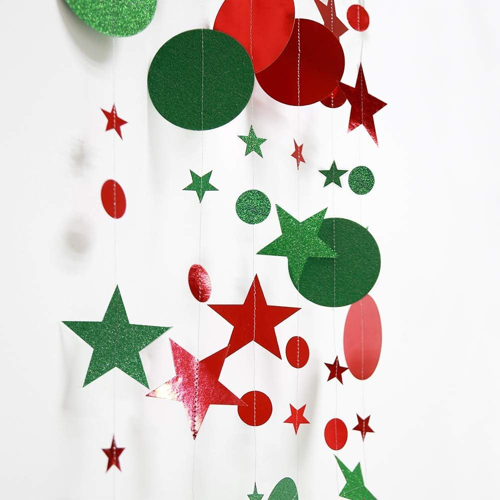 Decor365 Glitter Red Green Christmas Decorations Hanging Star Circle Garland Banner Backdrop Streamer Ugly Sweater Party Birthday Wedding Xmas Tree New Year Celebration Office Classroom Decor