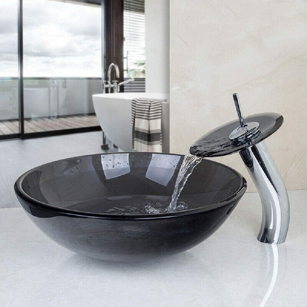 Black Glass Vessel Sink With Faucet And Drain 16 inch Round Tempered Glass Bathroom Basin Above Counter Transparent Clear Black Glass Bowl Sinks For Bathrooms Vanity Top