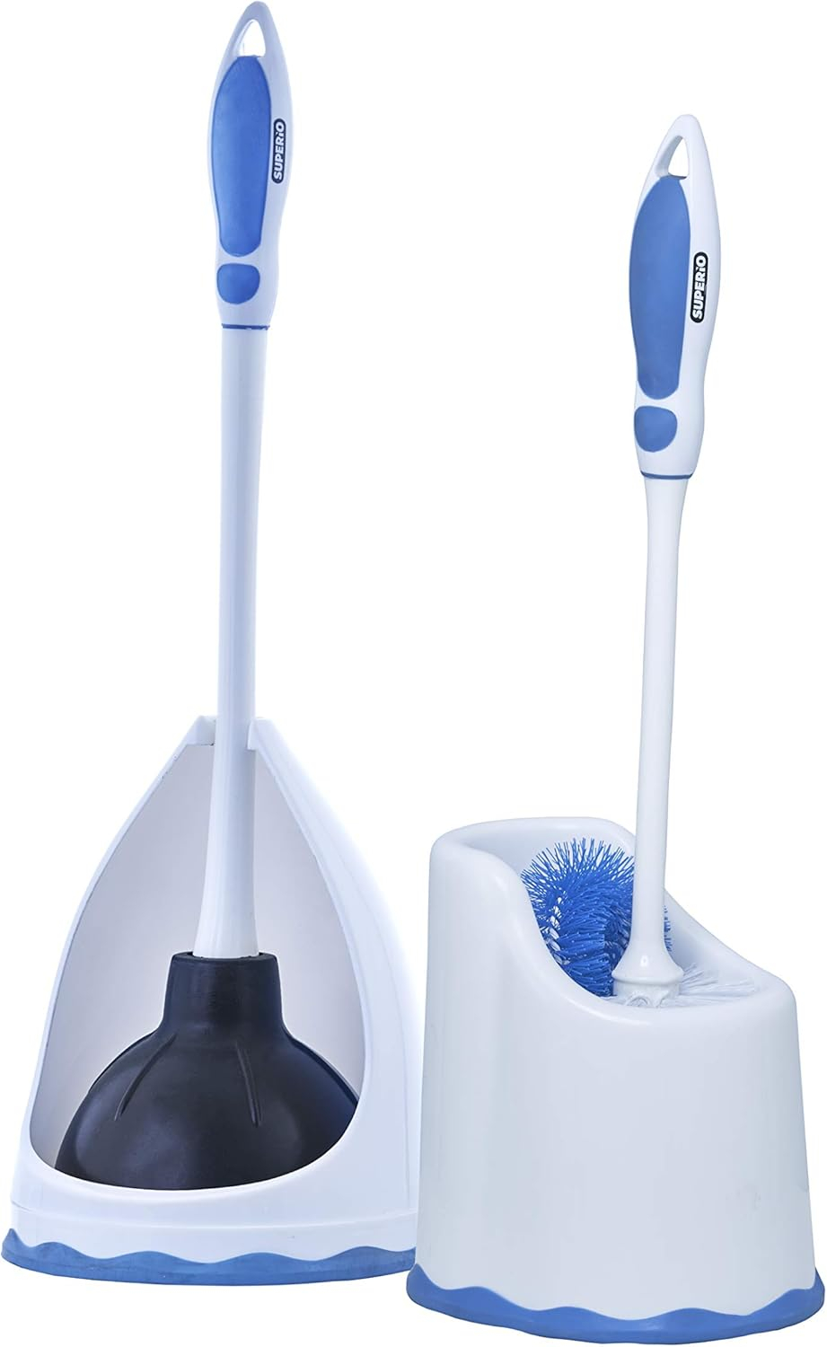Superio Toilet Bowl Brush and Holder with Under Rim Cleaner for Bathroom, Toilet Brush and Caddy with Non Scratch Bristles and Under Rim Lip Brush, White and Blue (2 Pack)