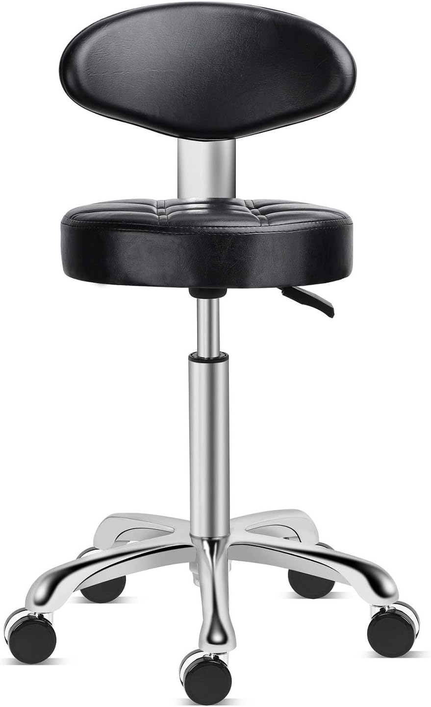 Kaleurrier Rolling Stool Salon Chair with Smooth-Rolling Wheels 360-degree Swivel Seat Heavy Duty Hydraulic Height Adjustable High Barber Cutting Stools (Black, with Backrest)