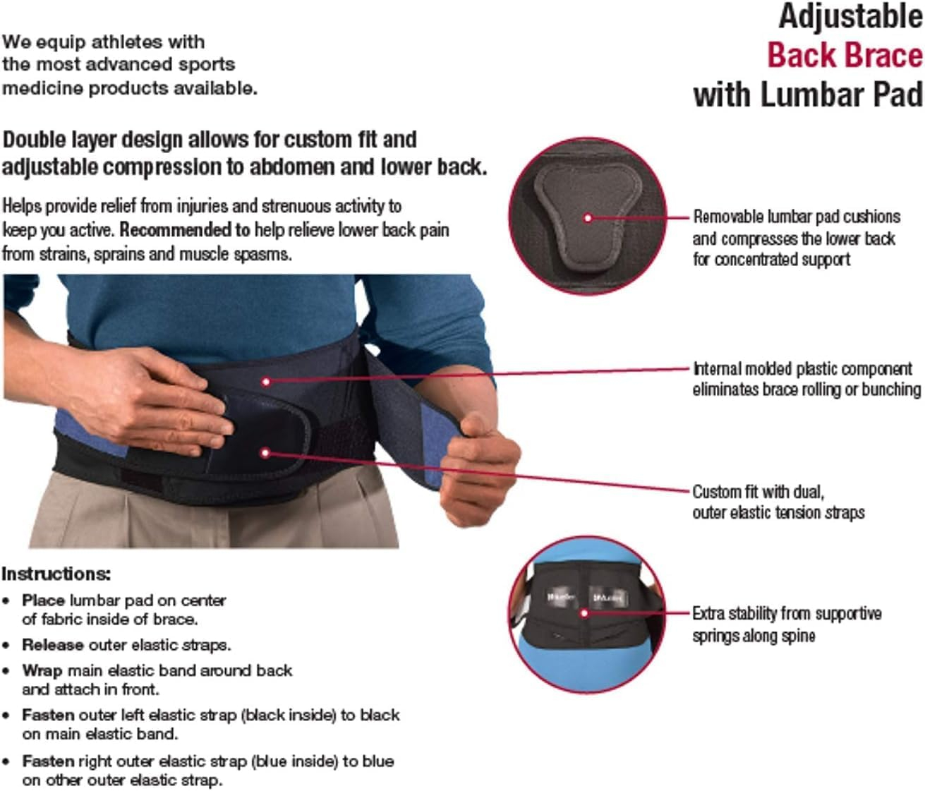 MUELLER Sports Medicine Adjustable Lumbar Back Brace with Removable Pad, Back Pain Relief Support for Men and Women, Ideal for Upper and Lower Back Pain, Sciatica, Scoliosis, Black