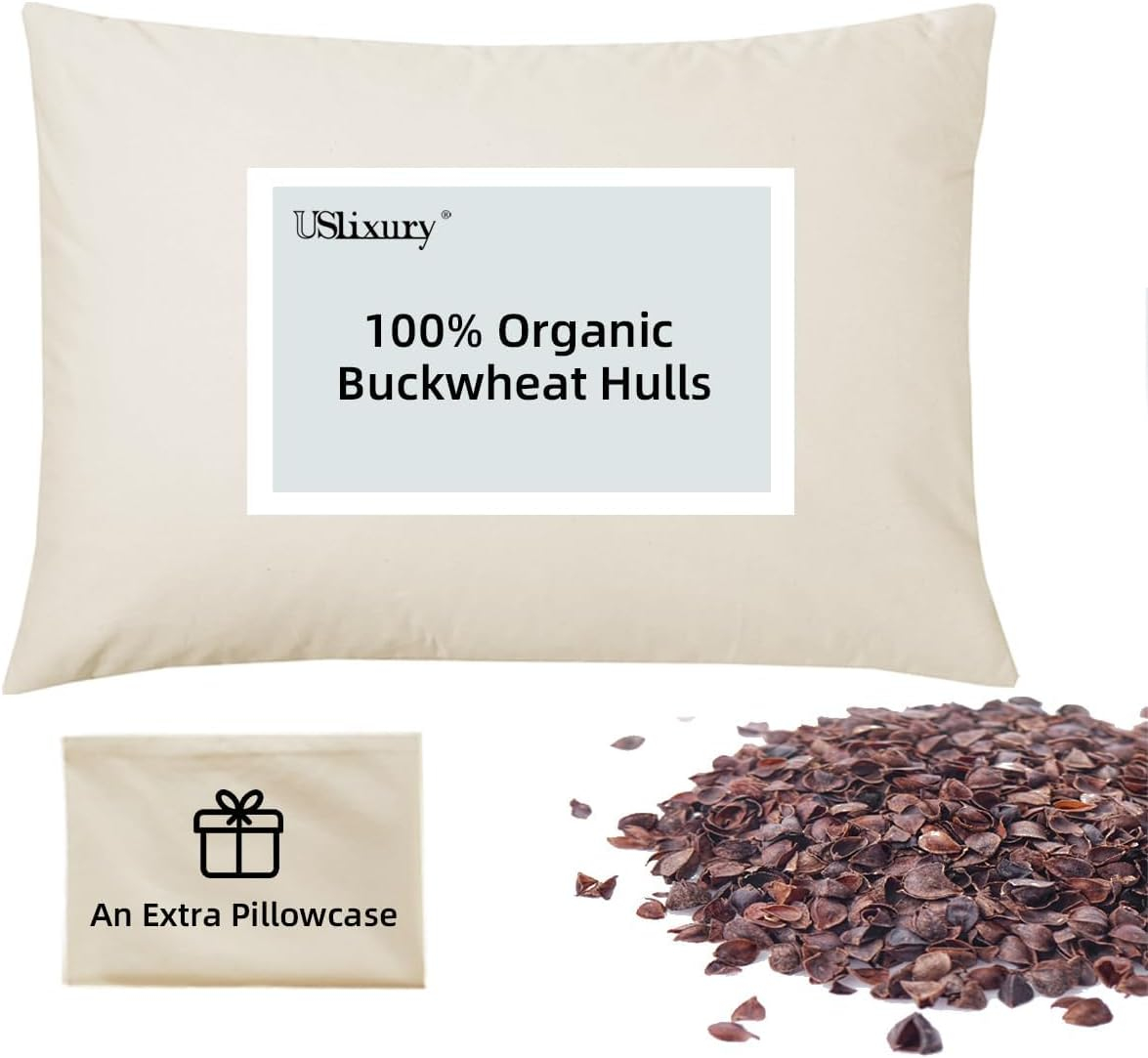 USlixury Buckwheat Pillow 15"X19" with Organic Pillowcase- Adjustable Height and Firmness, Organic and Machine Washable Cover, Firm Neck Support for Back/Side/Stomach Sleepers, Beige