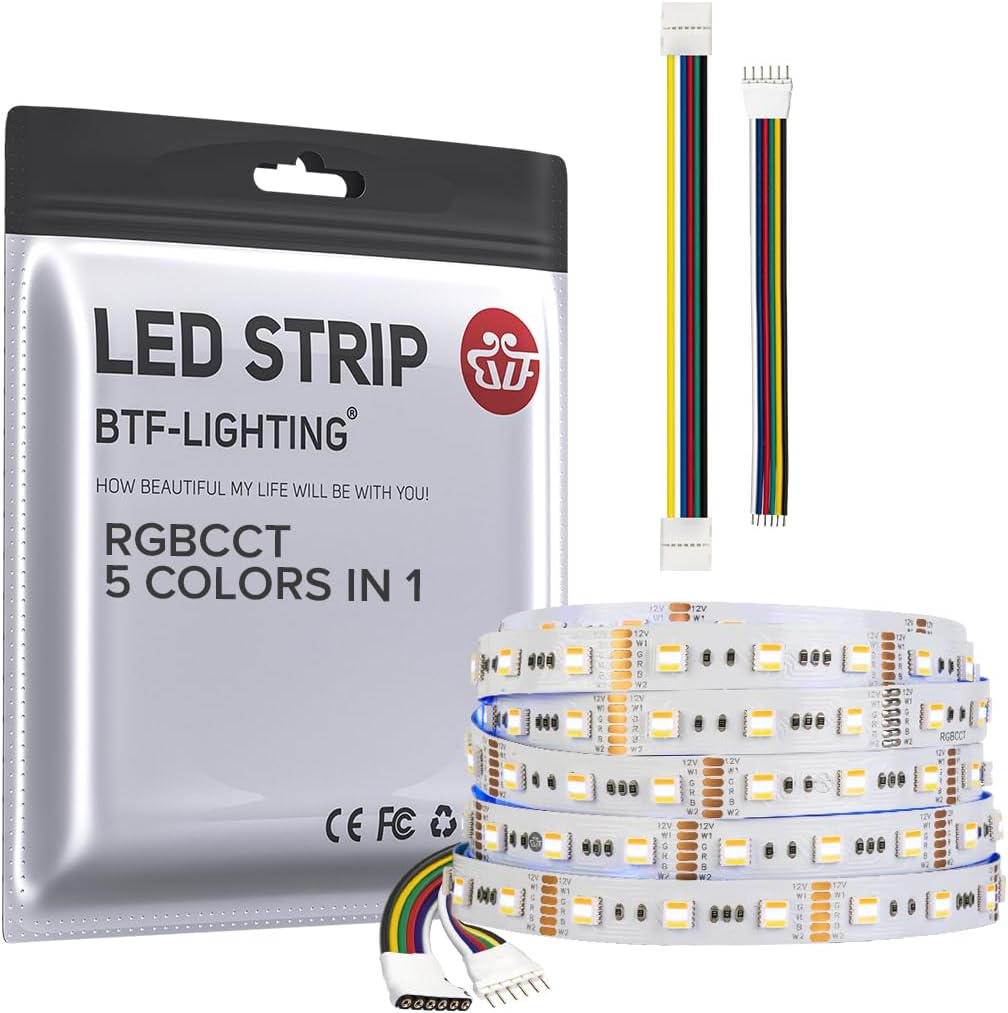BTF-LIGHTING RGBCCT 5 Colors in 1 LED 5050SMD RGBWW RGB+Dimmable Tunable Color Temperature 2700K-6500K 16.4ft 60LEDs/m 300LEDs DC24V Multi-Colored Tape Lights IP30 White PCB(No Adapter or Controller)